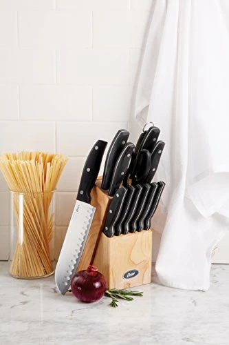 BargainJunkie Oster 14pc Stainless Steel Cutlery Set, Black W/Wood Block