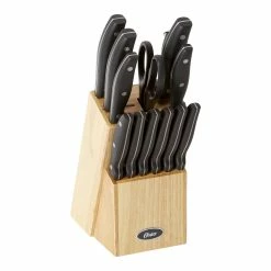 BargainJunkie Oster 14pc Stainless Steel Cutlery Set, Black W/Wood Block