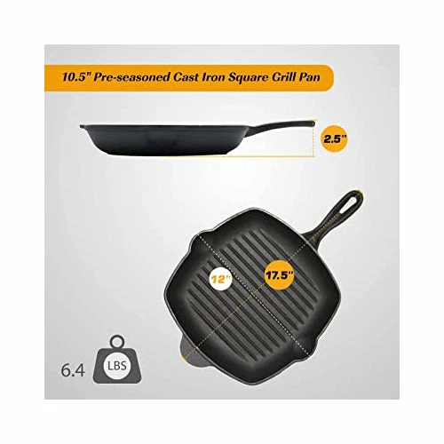 BargainJunkie New Ekoteq 10.5" Pre-Seasoned Cast Iron Square Grill Pan