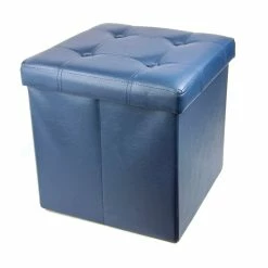 BargainJunkie New Navy Faux Leather Folding Storage Ottoman With Buttons